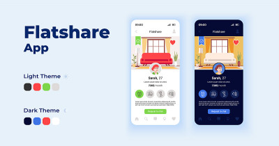 Flatshare应用卡通智能手机界面矢量模板集