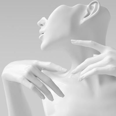 白人女性侧面雕塑和特写手在脸上优雅的手势3d渲染人体模型