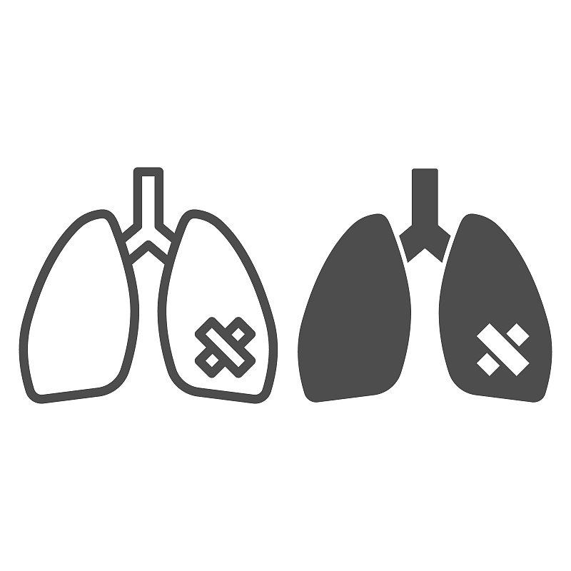 病变肺器官线和固体图标，吸烟概念，吸烟者肺标志的白色背景，人体肺与石膏图标轮廓风格的移动概念和网页设