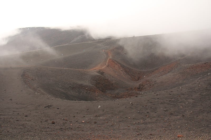 埃特纳火山。埃特纳火山口。黑色火山土，火山熔岩和石头。埃特纳火山上的浓雾。文本。西西里岛，意大利