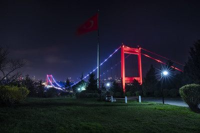 Fatih Sultan Mehmet桥在晚上从Otagtepe在博斯普鲁斯。伊斯坦布尔,土耳其。