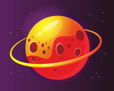 明亮的橙色行星在黑暗的背景与星星的设计游戏和应用程序。