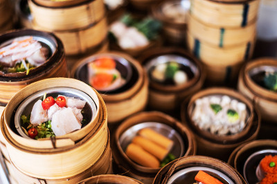 美味茶，竹蒸点心，中国菜