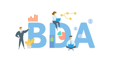 BDA，大数据分析。概念与关键字，人和图标。平面向量插图。孤立在白色的。