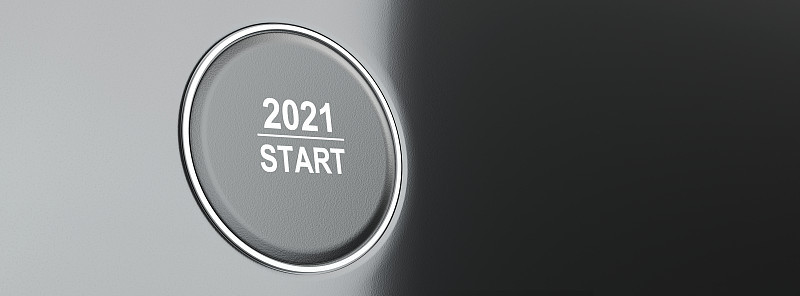 2021 -按开始按钮。新年的概念。3D插图