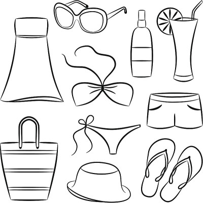 一套海滩配件和服装。矢量插图。