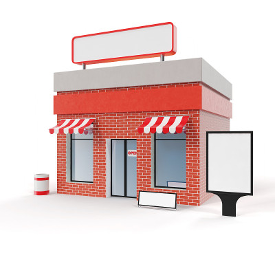 存储与复制空间板隔离在白色背景。现代化的商店建筑，商店立面。外部市场。店面外立面，3D效果图