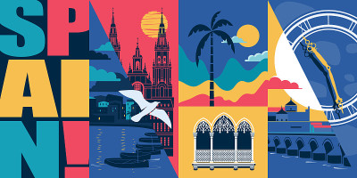 西班牙矢量天际线插图，明信片。旅行到西班牙现代平面设计元素