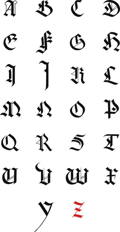 向量字母表。手绘中世纪字母