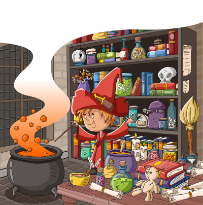 Cartoon wizard working on magic potion in boiling 
