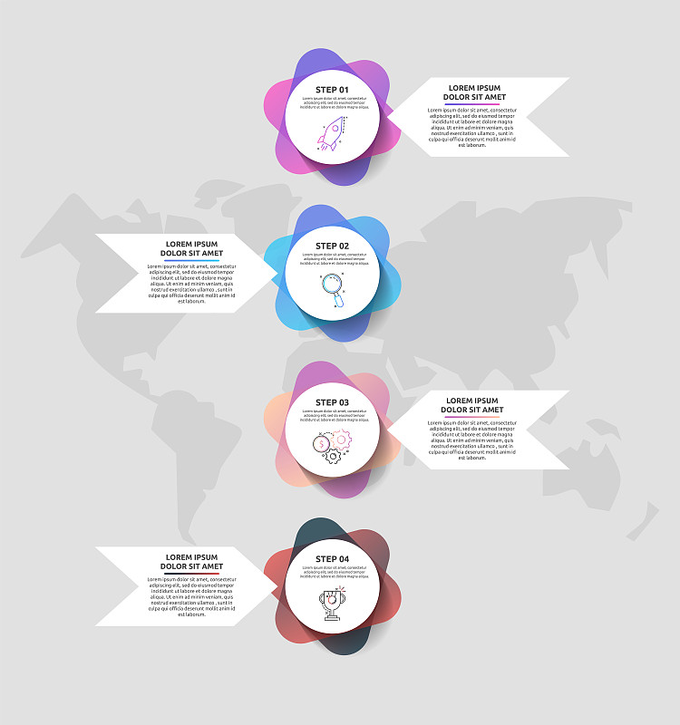 带有4个圆圈和箭头的信息图。现代向量模板。可用于四个图表，网页，布局，演示，信息图，时间线，内容，水