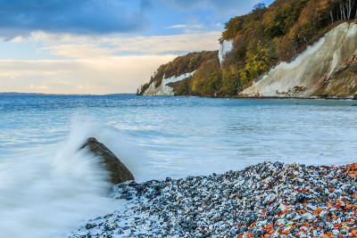秋天早晨波罗的海沿岸有白垩峭壁和多石的海岸