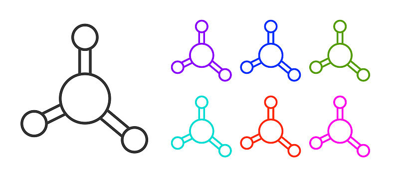 黑线分子图标孤立在白色背景上。化学分子结构，科学教师创新教育海报。设置图标丰富多彩。向量