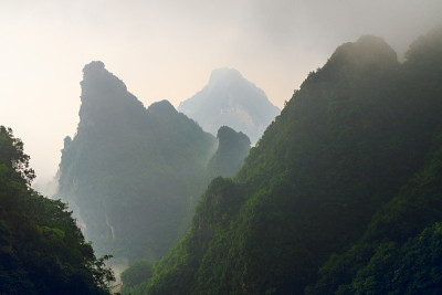 巨大的岩石山环绕着绿色的树木和白色的云雾。史诗山景观
