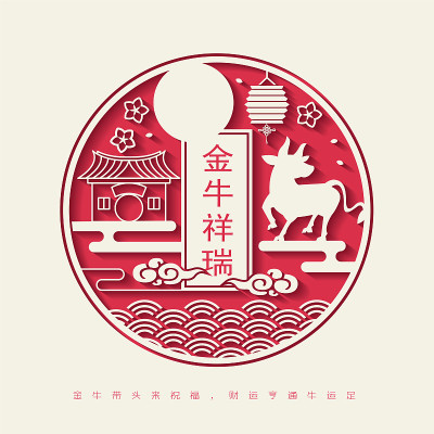 2021年中国新年剪纸牛年矢量图(中文翻译:吉祥牛年)