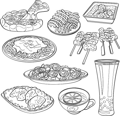 手绘的黑白插图的食物盘子