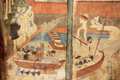 19世纪泰国著名的壁画，展示了卧佛寺南人的日常生活场景，展示了在暹罗的外国船只