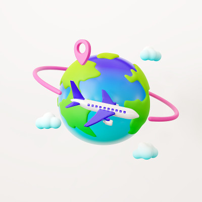 环游世界，坐飞机旅行。旅游。3 d渲染