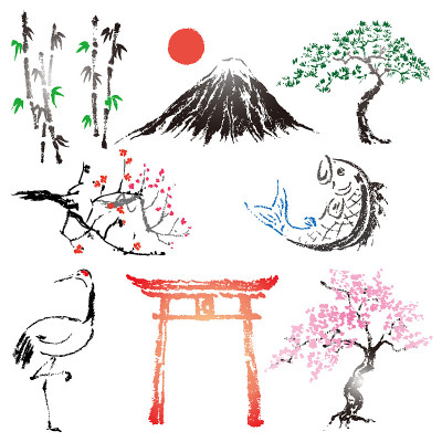 套日式毛笔设计元素和水墨符号