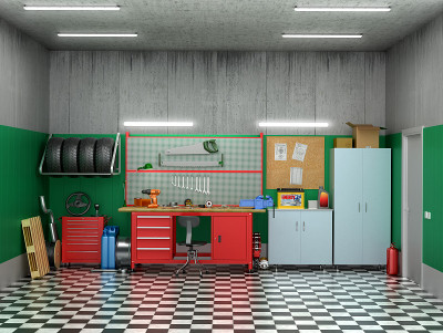 室内车库，汽车零件和工具。
