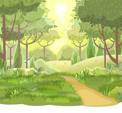 路。令人赏心悦目的森林景观。卡通风格。叶。小路穿过长满草的山丘。线索。很酷的浪漫漂亮。平面设计说明。