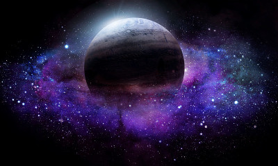 抽象空间三维插图，三维图像，背景图像，行星在太空中的辉光银河，星系和恒星在紫色和蓝色调