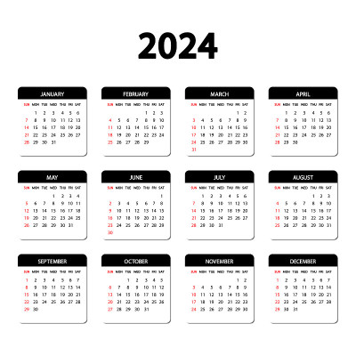 日历2024年。一周从周日开始。年度英语日历2024模板。