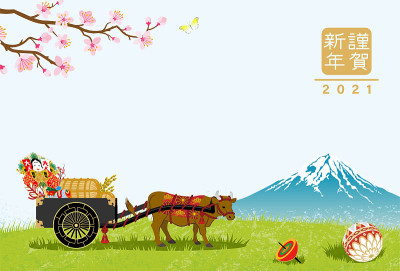 2021年牛年卡——牛拉牛车在春天的自然