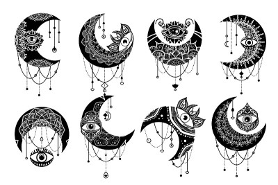 Crescent moon contour symbol linear icons set