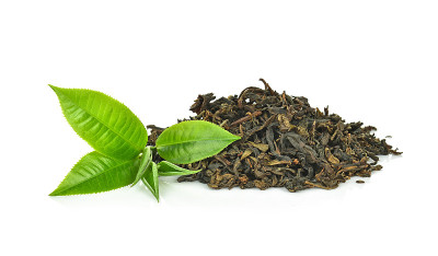 白色背景上孤立的绿茶叶子