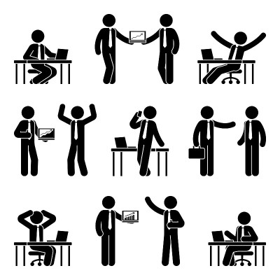 简笔画商人图标集。矢量插图的男性在工作场所孤立在白色