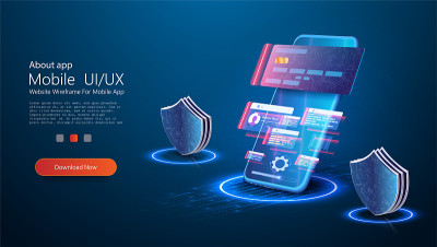 网上银行应用程序登陆页面。智能钱包概念与信用卡，借记卡支付应用。未来的小玩意，智能手机支付技术。平面