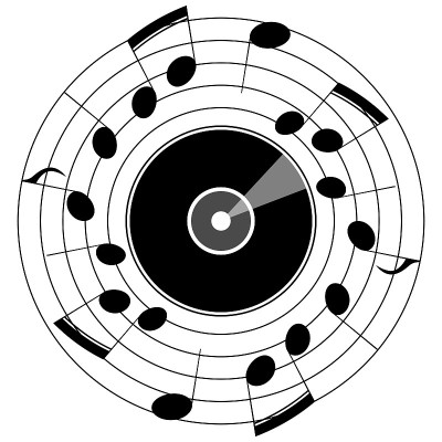 白色背景上的音乐线条和留声机唱片。