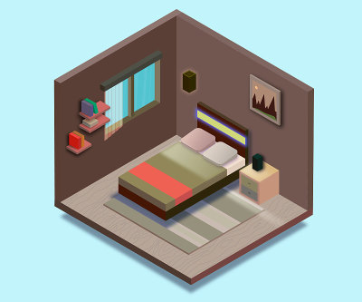 Isometric bedroom illustration. Vector flat illust