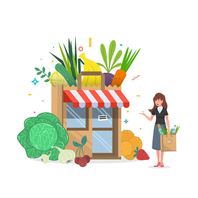当地的水果蔬菜商店大楼。店面前的杂货箱。当地的水果蔬菜商店大楼。店面前的杂货箱。