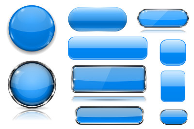 Blue glass buttons. Collection of 3d icons