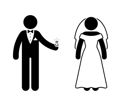Stick figure新郎，未婚夫和新娘在婚礼仪式矢量图标插图。新婚夫妇与钻石戒指剪影象形文字在白