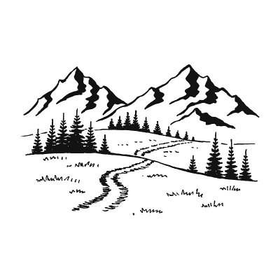 山与松树和风景黑在白色的背景。手绘岩石山峰在素描风格。矢量插图。