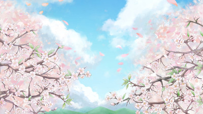 手绘樱花，樱花景观插图，天空和云彩