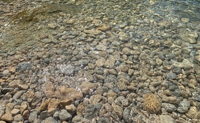 海水清澈透明，海面上的卵石滩晶莹剔透。禅意景观，自然的调和，美丽的海景，阳光映石。