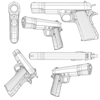 设置一个低聚手枪柯尔特1911。线框手枪在不同的位置隔离在一个白色的背景。3 d。矢量图