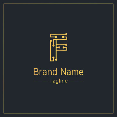 字母F由线和点组成的金色专业符号设计模板
