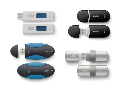 USB闪存驱动器现实的模型设置，矢量插图。闪存，u盘，u盘，笔盘模板。