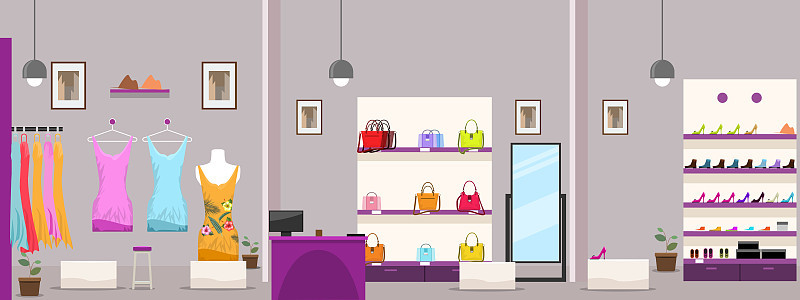 大型女装购物中心或精品店内部。矢量插图。