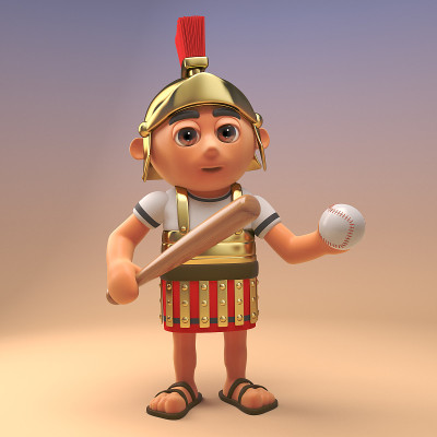 滑稽的罗马军团士兵拿着棒球棒和球，3d插图