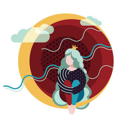 孤立的圆形矢量插图，一个长发公主女孩坐在一个皇冠上的月亮和拥抱她的膝盖。