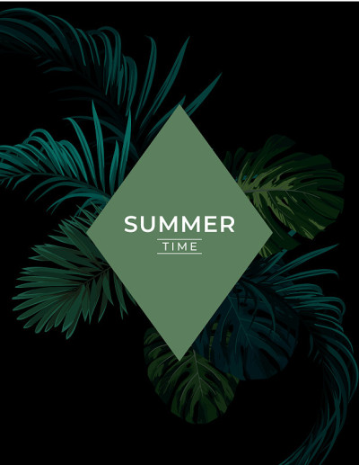 黑暗的夏季热带背景与异国棕榈叶。向量的模板。