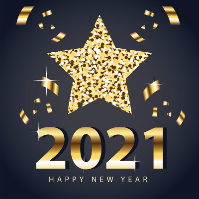 2021年新年快乐，星星和五彩纸屑金色风格矢量设计