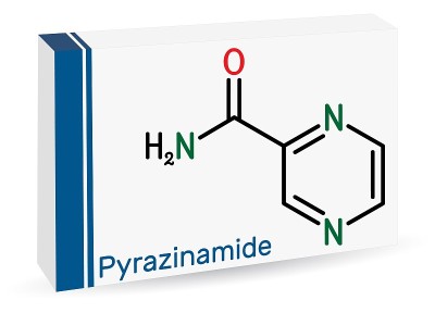 吡嗪酰胺分子。它是一种抗结核药物，用作结核病治疗的组成部分。骨化学公式。药品用纸包装
