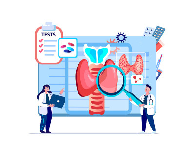 内分泌学家科学家医生检查甲状腺，异常腺，松果体器官。内分泌研究试验。临床调查。在线医学委员会诊断。数